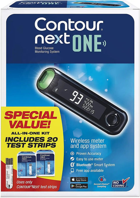 Next One Blood Sugar Monitoring System All In One Kit With Meter, 20 Test Strips, Lancing Device, Colored Lancets, Logbook, Carrying Case And Warranty Card For Diabetes Care, boxed kit