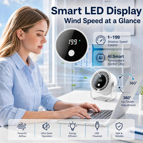 Woman working with Chill Portable Desk Fan With 199 Speed Settings, LED display, USB powered on desk.