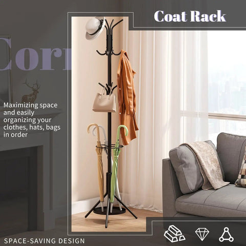 Freestanding Coat Rack With 12 Hooks And Umbrella Holder For Entryway Or Hallway Sturdy Metal Tree Stand in living room