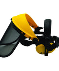 Heavy Duty Face Shield And Ear Muffs Combo With Removable Visor For Crew Job Site Protection And Yard Work Ppe In Safety Yellow And Black side view of face shield and ear muffs