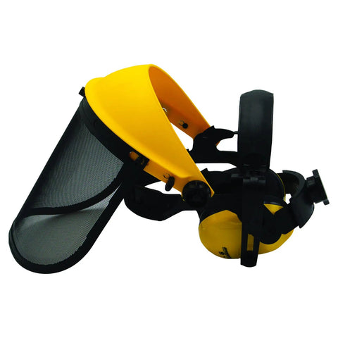 Heavy Duty Face Shield And Ear Muffs Combo With Removable Visor For Crew Job Site Protection And Yard Work Ppe In Safety Yellow And Black side view of face shield and ear muffs