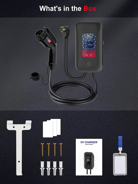 Hassle Free 40 Amp Level Two Electric Vehicle Charger 240v Nema 14-50 Plug Heavy Duty kit including charger, cables, manual, and mounting hardware.