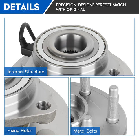 Detailed view of 4WD Front Wheel Bearing And Hub Assembly with ABS for Chevy and GMC Trucks and SUVs, showing internal structure and bolts.