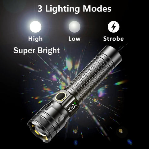 Rechargeable LED Flashlight With Digital Power Display And Zoomable Beam, USB C Charging, High Lumen EDC Light with textured grip