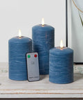 TruGlow Blue Distressed Wax Flameless LED Pillar Candles 3 Pack With Remote Control Battery Operated Timed On Off Lit Flicker