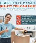 Woman packaging box with text emphasizing USA-made quality for 70 Unit Dose Medication Refill Pack For First Aid Kits Grab And Go Travel Office Dorm Camping Essential OTC Meds Including Pain Reliever Antacid Antihistamine Sinus Relief And Diarrhea Relief In A Compact USA Made Package
