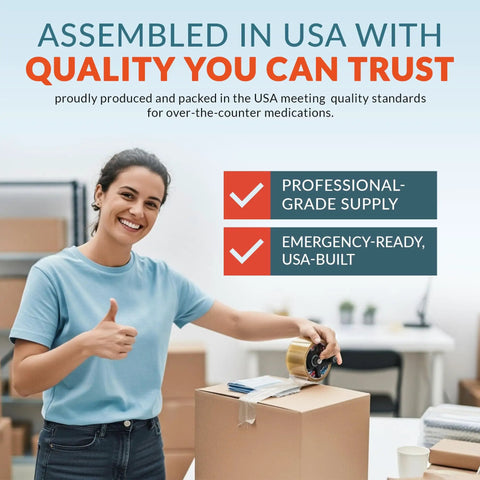 Woman packaging box with text emphasizing USA-made quality for 70 Unit Dose Medication Refill Pack For First Aid Kits Grab And Go Travel Office Dorm Camping Essential OTC Meds Including Pain Reliever Antacid Antihistamine Sinus Relief And Diarrhea Relief In A Compact USA Made Package