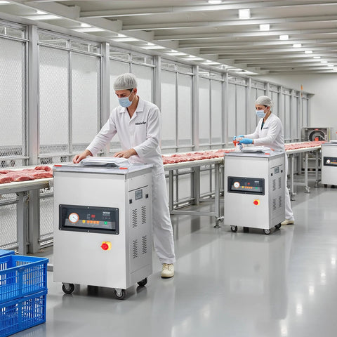 Front view of a VEVOR chamber vacuum sealer on casters with LED display in a meat processing line.
