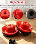 No Hassle 2 Set Grease Gun Plunger Screw Kit 44 70 0375 For 20 Oz Sausage Barrels showing red replacement piston screws on a wooden surface.