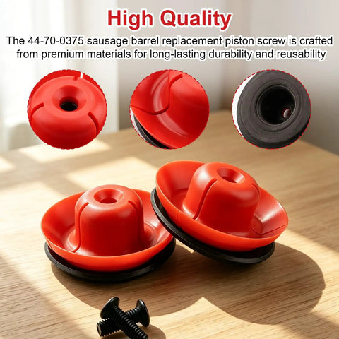 No Hassle 2 Set Grease Gun Plunger Screw Kit 44 70 0375 For 20 Oz Sausage Barrels showing red replacement piston screws on a wooden surface.