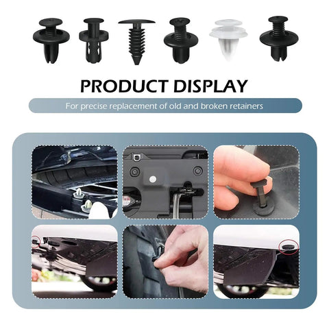 Universal 100Pcs Car Clip Kit With 6 Popular Sizes displaying various car panel installations and fastener application process.