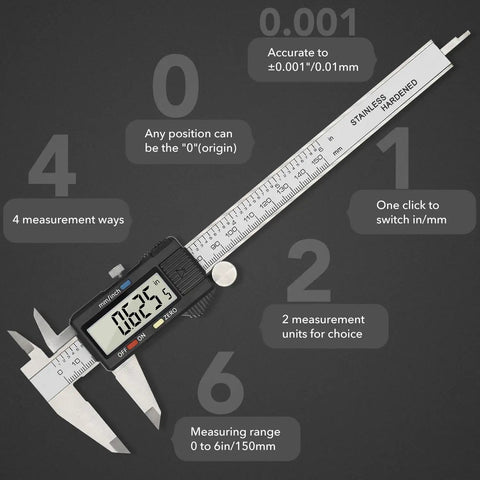 6 Inch Digital Caliper Workhorse With Auto Off And Big LCD Screen Stainless Steel Electronic Vernier Caliper Ready For Precision To 0.001 Inch Or 0.01 Millimeter Easy To Use For Jewelry Making Machining Woodworking And DIY, displaying measurements on LCD.
