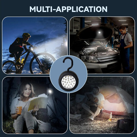 Collage showing uses of 24 LED Round Magnetic Work Light With Hanging Hook And Magnet Set Pack Of 3 Black Hands Free Bright LED Torch for cycling, car repair, reading, and camping with central image of the work light.