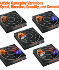 USB Powered 1 64 Diecast Car Drift Pad With Spinning Track Adjustable Speed And Direction Magnetic Under Car Pad 5 Decoration Options Display Stand Works With All 1 64 Scale Cars Black, showing five variations on display.