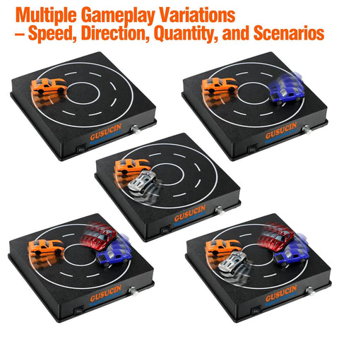 USB Powered 1 64 Diecast Car Drift Pad With Spinning Track Adjustable Speed And Direction Magnetic Under Car Pad 5 Decoration Options Display Stand Works With All 1 64 Scale Cars Black, showing five variations on display.