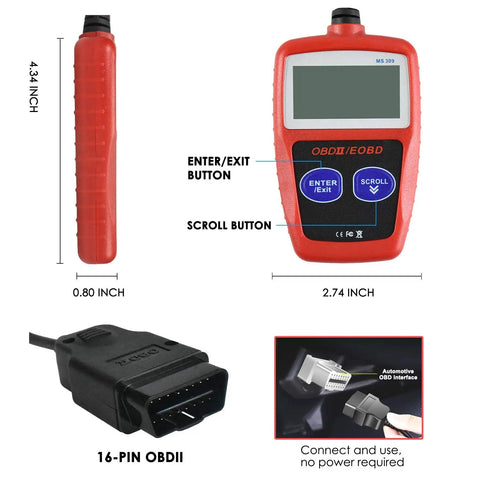 OBD2 Scanner For Cars Universal OBDII CAN Diagnostic Tool Read And Clear Check Engine Light Fault Codes, View Freeze Frame Data, Easy, On The Go Car Diagnostics For Your Ride with dimensions and 16-PIN connector.