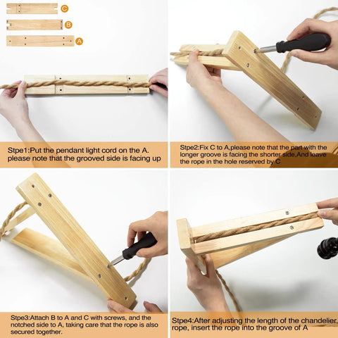 Assembly steps for Hemp Rope Plug In Wall Lights Set Of Two With Wood Shelf Brackets, showing cord attachment and bracket fixing.