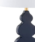 Totally Chic Navy Blue And Gold Ceramic Table Lamp With White Linen Shade, Sleek Mid Century Triple Gourd Design For Bedroom Or Office