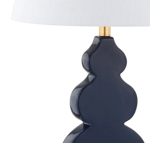 Totally Chic Navy Blue And Gold Ceramic Table Lamp With White Linen Shade, Sleek Mid Century Triple Gourd Design For Bedroom Or Office