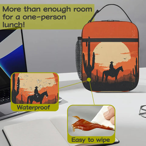 Desert Sunset Cowboy Silhouette Insulated Lunch Bag with cactus pattern, portable and reusable, shown with waterproof and easy-to-clean features.
