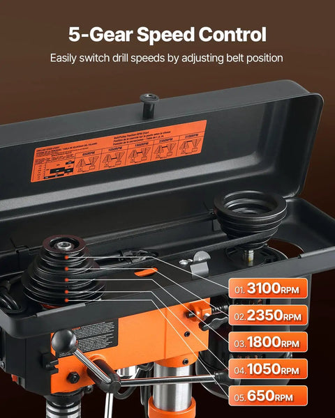 Heavy Duty Benchtop Drill Press Packing A Killer 3.2 Amp Motor And Five Speeds With Ten Inch Swing Plus Tilting Cast Iron Table For Dead On Precision Wood And Metal Drilling - 5 gear speed control highlighted.