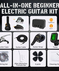 All-in-one beginner electric guitar kit accessories including capo, cable, strap, tuner, picks, tremolo bar, strings, and cloth.