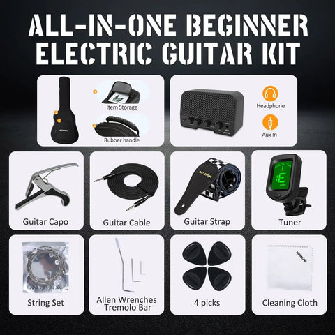 All-in-one beginner electric guitar kit accessories including capo, cable, strap, tuner, picks, tremolo bar, strings, and cloth.