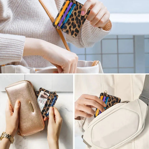 Ultra Slim Minimalist Card Holder Wallet With RFID Blocking, Leopard Print, held by person placing it in a bag, showing card slots