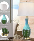 Dope Teal Green Ceramic Table Lamps Set Of 2 with linen shade and USB ports on wooden nightstand