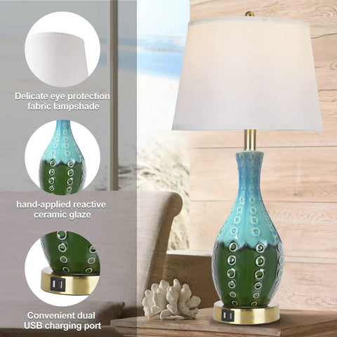 Dope Teal Green Ceramic Table Lamps Set Of 2 with linen shade and USB ports on wooden nightstand