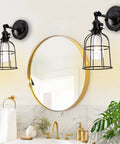 Industrial Edison Style Wire Cage Wall Sconce With Black Finish On Off Rotary Switch And E26 Socket 1 Light Vintage Rustic Lighting For Living Room Bedroom Hallway in bathroom setting