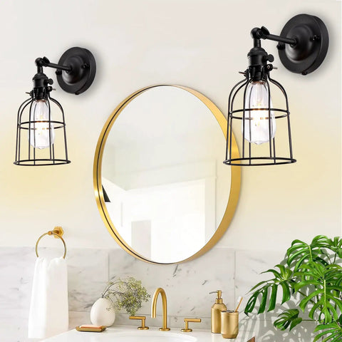 Industrial Edison Style Wire Cage Wall Sconce With Black Finish On Off Rotary Switch And E26 Socket 1 Light Vintage Rustic Lighting For Living Room Bedroom Hallway in bathroom setting