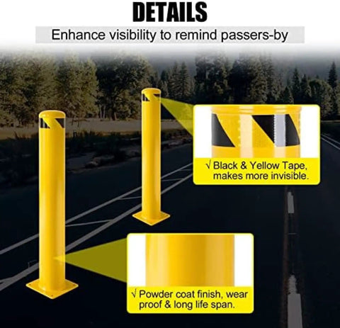 Rock Solid Steel Safety Bollard Heavy Duty Four Pack 48 Inch Tall Bright Yellow Traffic Posts With 4.5 Inch Diameter Pipe Design for increased visibility.