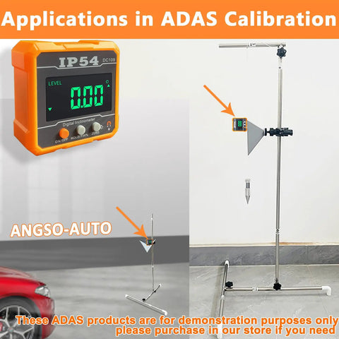 Digital Angle Gauge for ADAS Calibration, IP54 Rated Protractor Tool With 4 By 90 Degree Measuring Range, High Precision Angle Finder for Auto Shop, Easy Readout, Reliable Alignment and Sensor Calibration mounted on a calibration stand