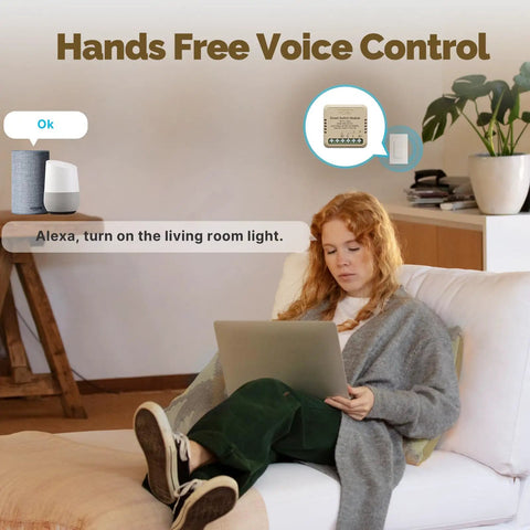 Smart Relay Module 1 Gang 10 Amp No Hub Required 2.4GHz WiFi Works With Google Assistant And Alexa Universal Smart Switch For Lamps Heaters And Appliances 1 Pack shown with voice control in a living room