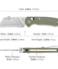Diagram of Folding Utility Knife With 2.62 Inch Razor Blade, 5 Extra Replacement Blades, EDC Camping Knife With Pocket Clip, Green Micarta Handle, Rugged Workhorse Everyday Carry Tool For Men And Women, showing dimensions and components.