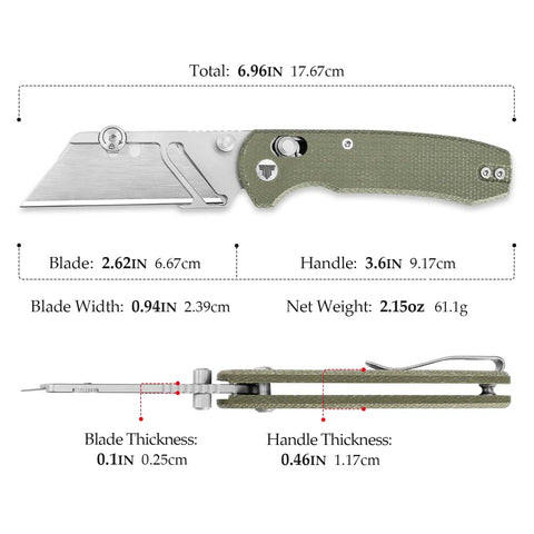 Diagram of Folding Utility Knife With 2.62 Inch Razor Blade, 5 Extra Replacement Blades, EDC Camping Knife With Pocket Clip, Green Micarta Handle, Rugged Workhorse Everyday Carry Tool For Men And Women, showing dimensions and components.