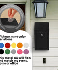 Heavy Duty Metal Donation Box With Slot And Lock For Cash Drops A No Nonsense Solution For Donations Suggestions Or Ballots Pre Drilled For Easy Wall Mounting Includes Two Keys Lightweight Yet Durable Black 10 By 6 By 2 And A Half Inch mounted on wall with color options shown.