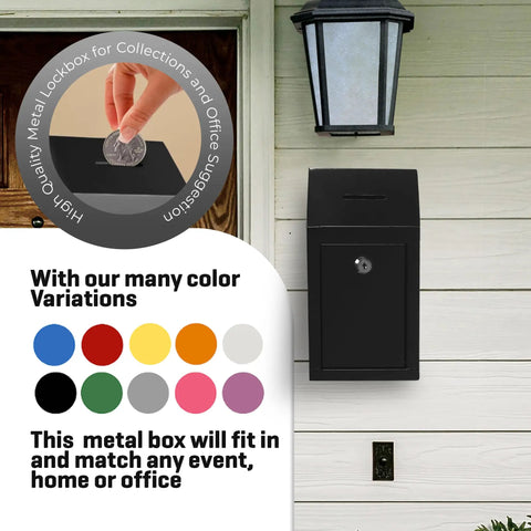 Heavy Duty Metal Donation Box With Slot And Lock For Cash Drops A No Nonsense Solution For Donations Suggestions Or Ballots Pre Drilled For Easy Wall Mounting Includes Two Keys Lightweight Yet Durable Black 10 By 6 By 2 And A Half Inch mounted on wall with color options shown.
