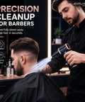 Barber using High Speed Cordless Air Duster 300000 RPM Turbo Blower on client in a barbershop setting.
