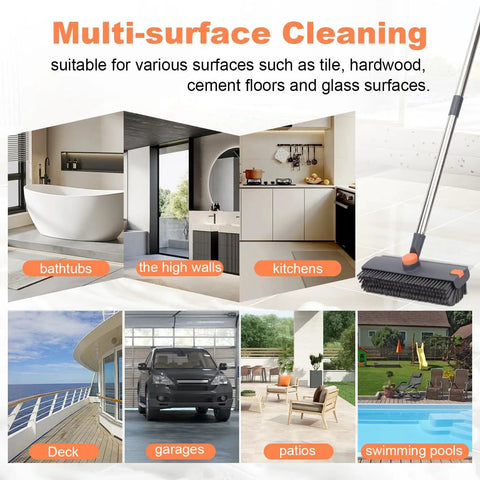 64 Inch Floor Scrub Brush With 360 Degree Swivel Head And Detachable Long Handle for cleaning bathtubs, kitchens, decks, and garages