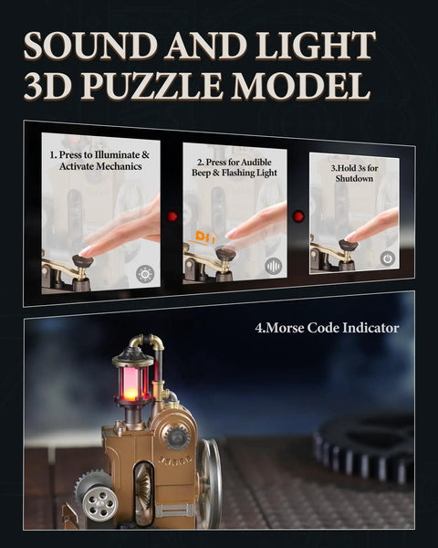 Metal 3D Puzzle Mechanical Model Kit With Morse Telegraph Theme Steampunk DIY Industrial City Build Wireless 2 4G Link Receiver, brass model with lighted top