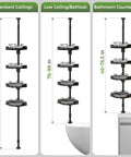 No Sweat Setup 360 Degree Rotating Shower Caddy Tension Pole with Four Tier Rustproof Corner Shelf for various heights.