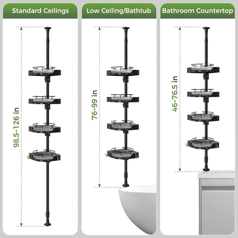 No Sweat Setup 360 Degree Rotating Shower Caddy Tension Pole with Four Tier Rustproof Corner Shelf for various heights.