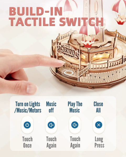3D Wooden Puzzle Kit For Adults With LED Music Box, Buildable Wood Model, Parachute Display, A Fun DIY Gift For Teens And Adults, Must Have Christmas Toy, Easy To Follow Instructions, Great Brain Teasers; touch switch detail