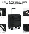 Black underseat carry-on luggage 16 inch with wheels, side and front pockets for easy access, designed for travel convenience.