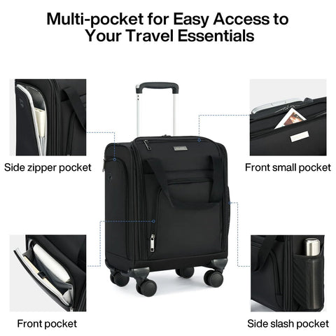 Black underseat carry-on luggage 16 inch with wheels, side and front pockets for easy access, designed for travel convenience.