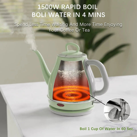 Gooseneck Electric Kettle 1L 1500W for Pour Over Coffee and Tea, Stainless Steel BPA Free Water Boiler With Auto Shutoff, Green