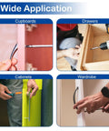 Four images showing 50 Pack 8-32 x 1-1/4 Inch Cabinet Door And Drawer Screws With Phillips Or Slotted Heads in use on cupboards, drawers, cabinets, wardrobe