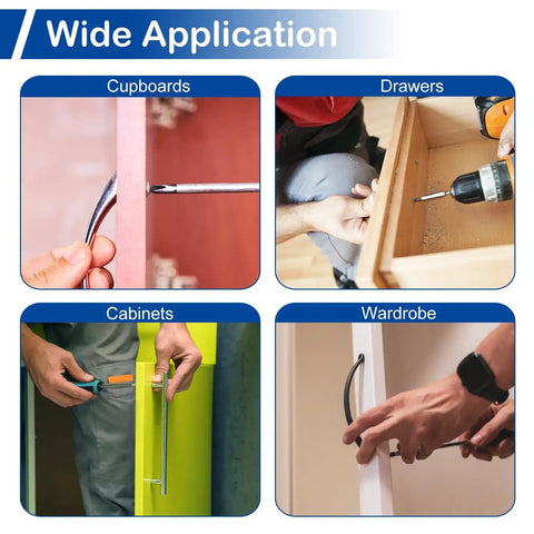 Four images showing 50 Pack 8-32 x 1-1/4 Inch Cabinet Door And Drawer Screws With Phillips Or Slotted Heads in use on cupboards, drawers, cabinets, wardrobe